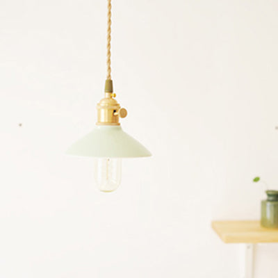 Modernism Conical Suspended Light 5.5"/8" Width 1 Light Ceramic and Metal Pendant Light in White over Table