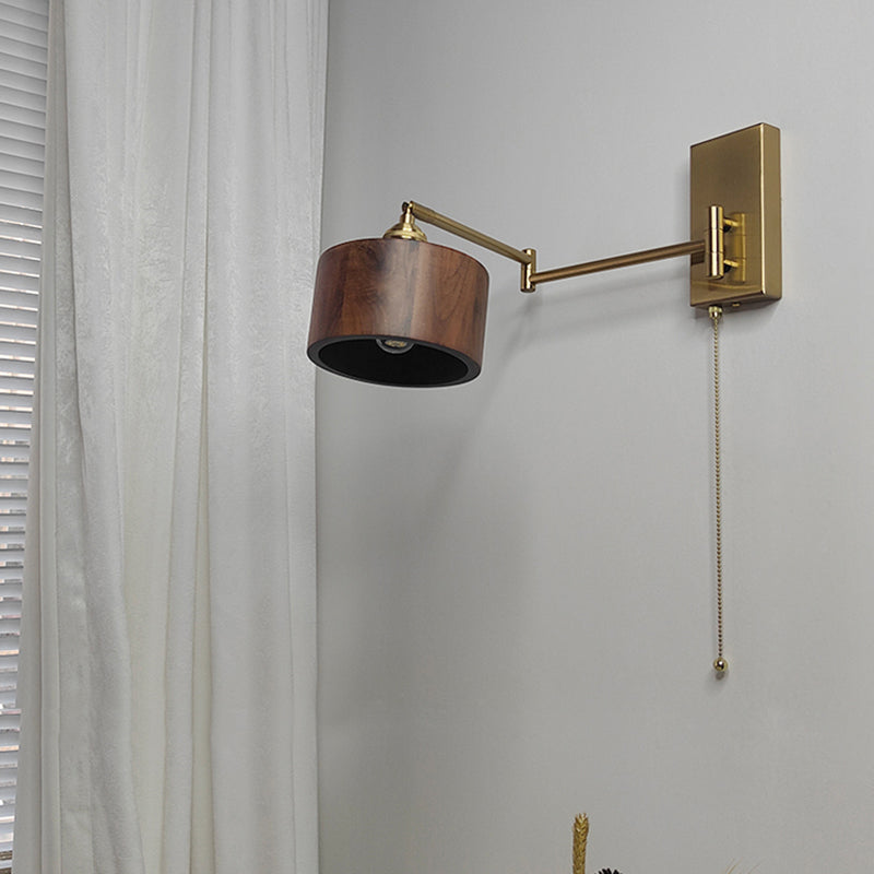 Wood Swing Arm Wall Lighting Modern Half Cylinder 1 Light Wall Light Fixture in Brown