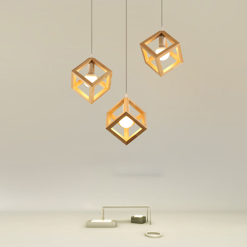 Log Color Square Pendant Light in Modern Concis Concis Wooden Intérieure en bois lampe de suspension intérieure