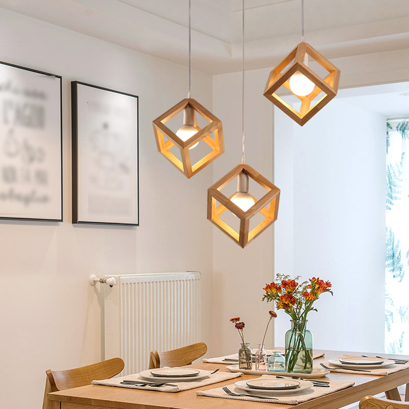 Log Color Square Pendant Light in Modern Concis Concis Wooden Intérieure en bois lampe de suspension intérieure