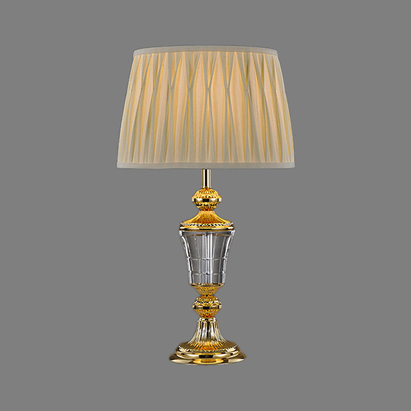 Lampada da tavolo moderna a 1 testa con lampada da scrivania piccola a tamburo affusolato bianco con paralume in tessuto