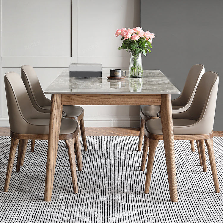 Mesa rectangular con tapa de piedra sinterizada en mesa de cocina gris con base de madera y 4 patas