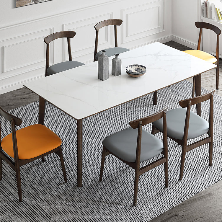 Sintered Stone Top Rectangle Table in White Kitchen Table with Wooden 4 Legs