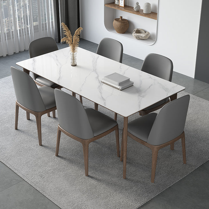 Sintered Stone Rectangle White Table Kitchen Table with Wooden Base and 4 Legs