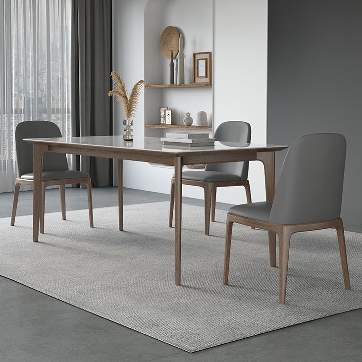 Sintered Stone Rectangle White Table Kitchen Table with Wooden Base and 4 Legs