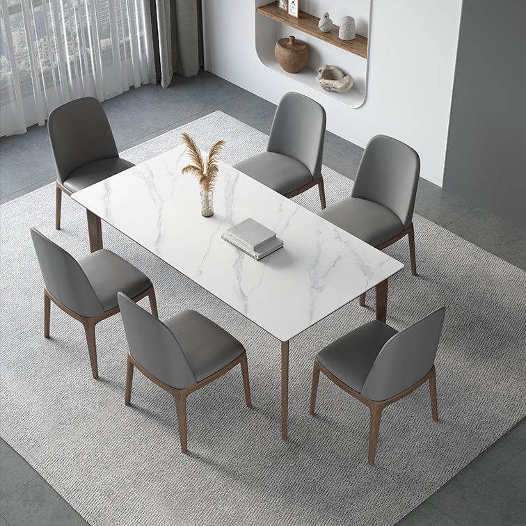 Sintered Stone Rectangle White Table Kitchen Table with Wooden Base and 4 Legs