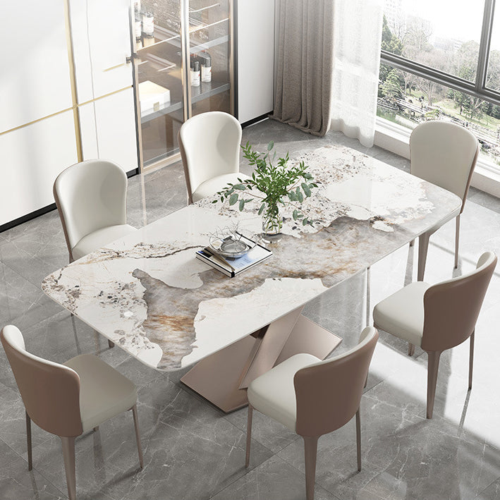 Sintered Stone Top Dining Table Rectangle Kitchen Table with Metal Pedestal