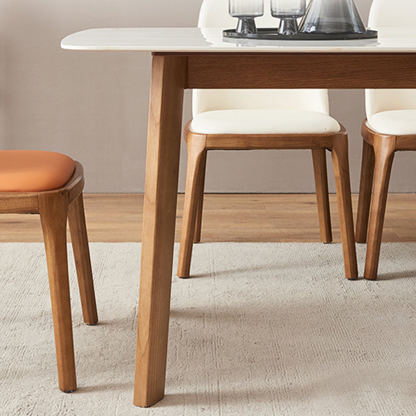 Mesa moderna de mediados de siglo de madera maciza, mesa rectangular de piedra sinterizada blanca