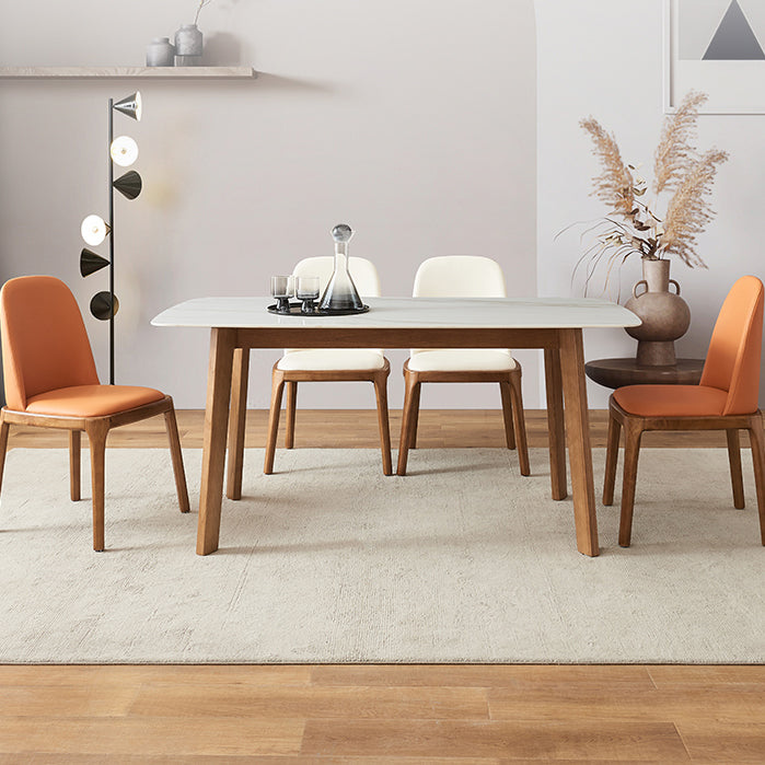Mesa moderna de mediados de siglo de madera maciza, mesa rectangular de piedra sinterizada blanca