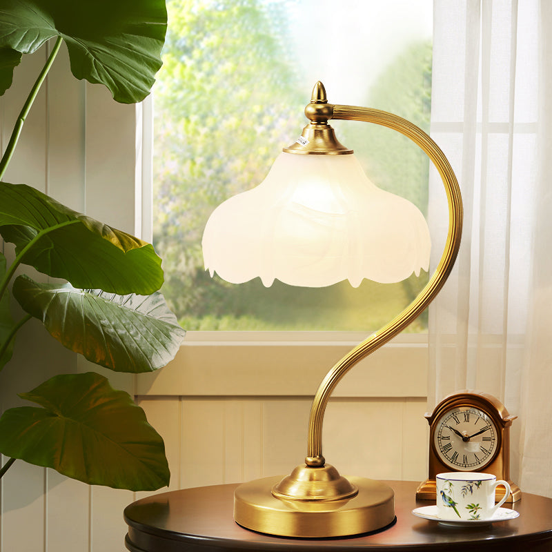 1-Head Living Room Table Lamp Post-Modern Brass Metal Night Lighting with Flower Opal Glass Shade