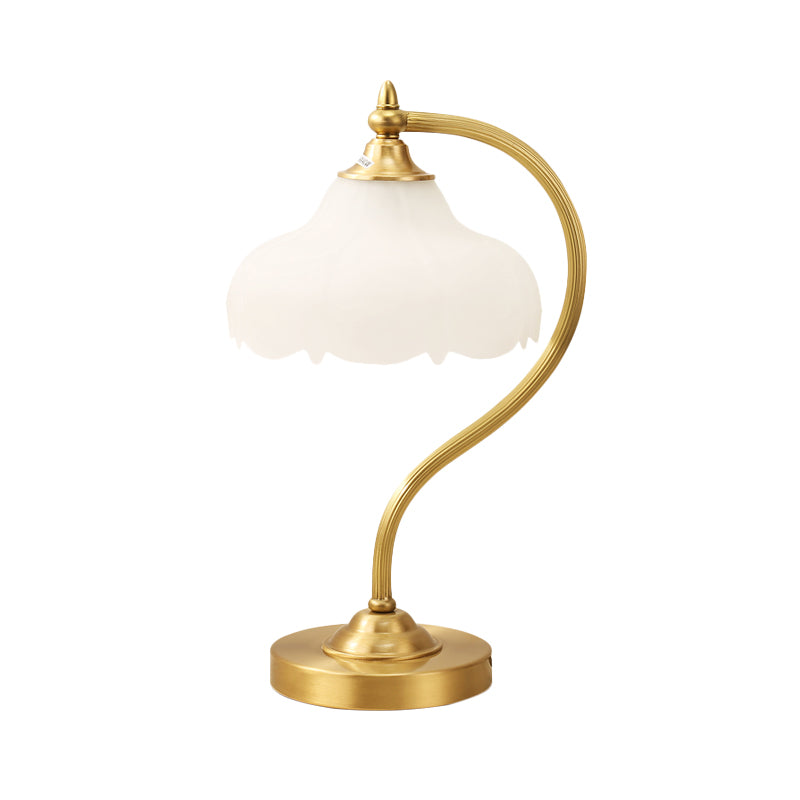 1-Head Living Room Table Lamp Post-Modern Brass Metal Night Lighting with Flower Opal Glass Shade