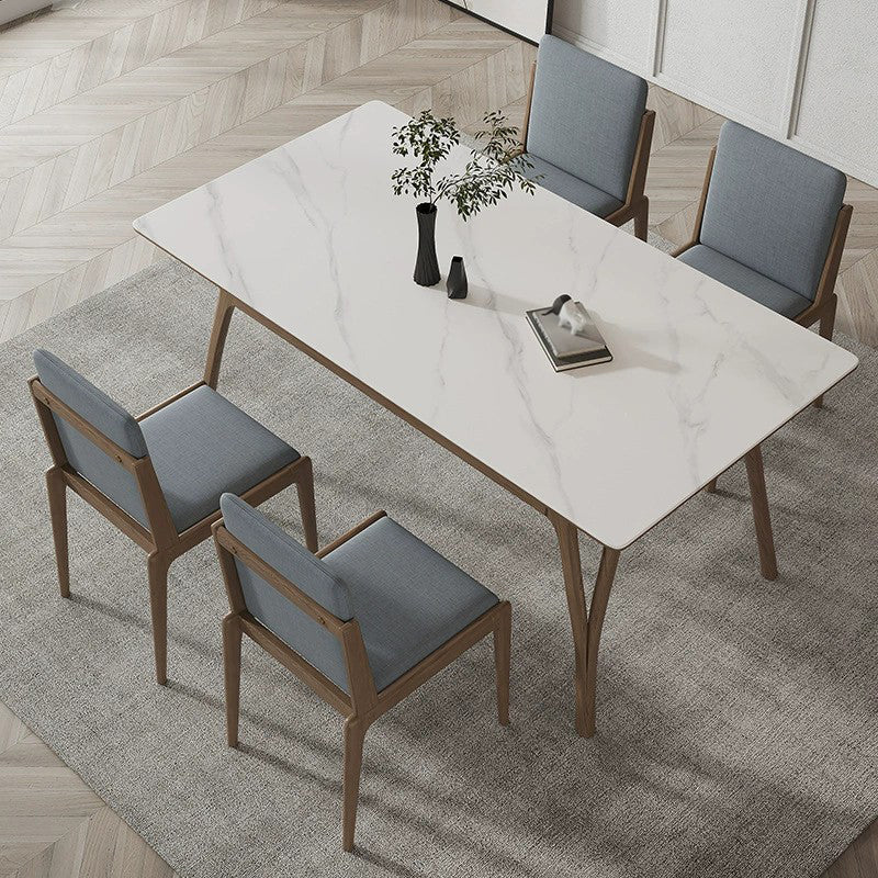 Mesa de comedor rectangular de piedra sinterizada Tapa de piedra blanca con base de madera y 4 patas