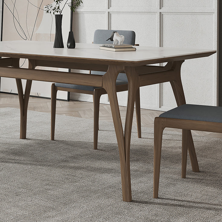 Mesa de comedor rectangular de piedra sinterizada Tapa de piedra blanca con base de madera y 4 patas