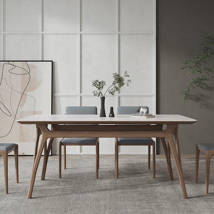 Mesa de comedor rectangular de piedra sinterizada Tapa de piedra blanca con base de madera y 4 patas