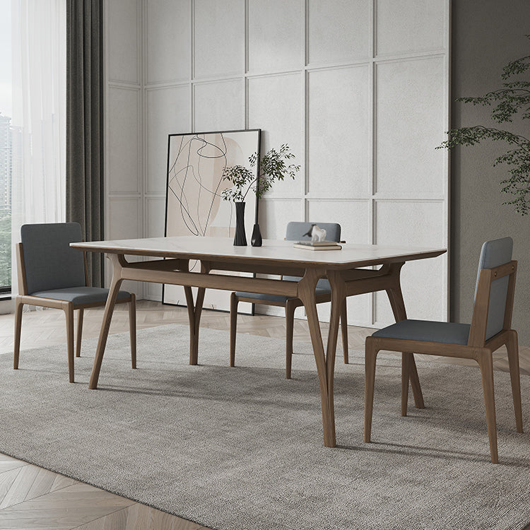 Mesa de comedor rectangular de piedra sinterizada Tapa de piedra blanca con base de madera y 4 patas