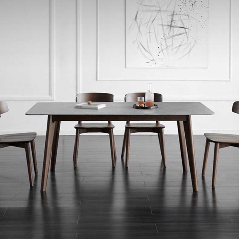 Mid-Century Modern Dining Table Gray Sintered Stone 4 Legs Dining Table with Wooden Base