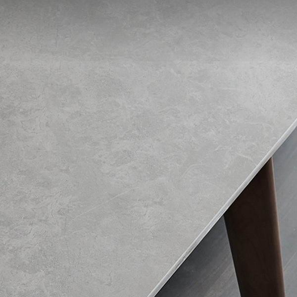 Mid-Century Modern Dining Table Gray Sintered Stone 4 Legs Dining Table with Wooden Base