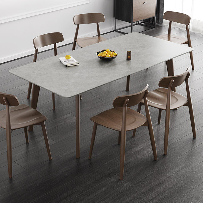 Mesa de comedor moderna de mediados de siglo, mesa de comedor rectangular de piedra sinterizada con base de madera