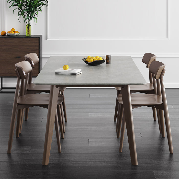 Mesa de comedor moderna de mediados de siglo, mesa de comedor rectangular de piedra sinterizada con base de madera