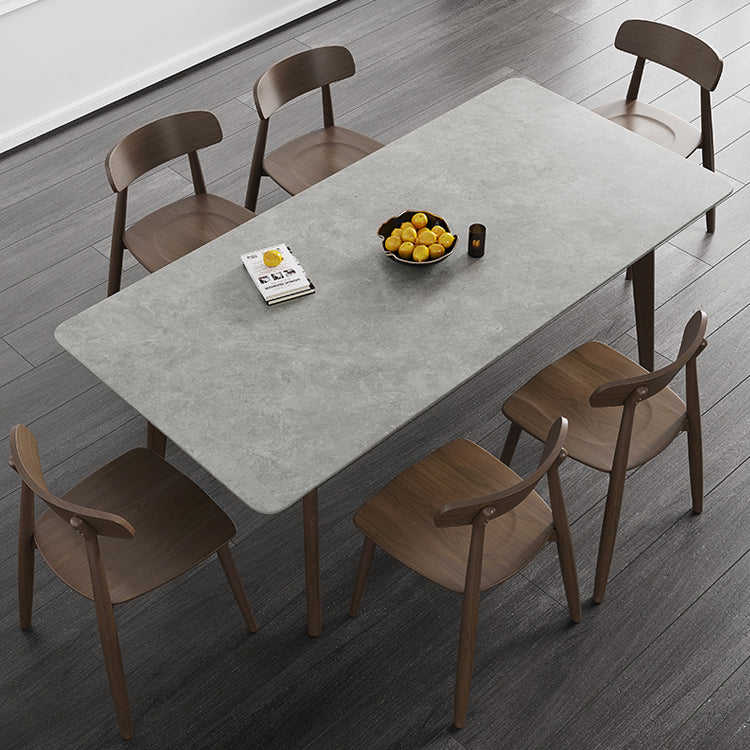 Mesa de comedor moderna de mediados de siglo, mesa de comedor rectangular de piedra sinterizada con base de madera
