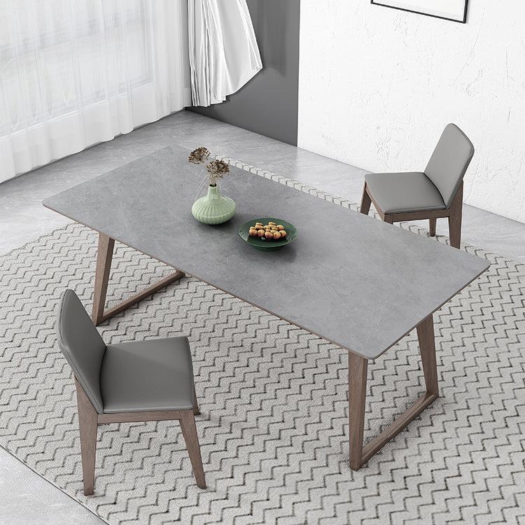 Mid-Century Modern Dining Table Gray Sintered Stone Dining Table with Wood Base