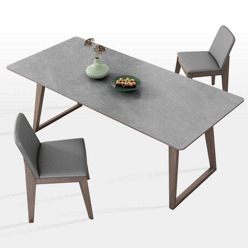 Mid-Century Modern Dining Table Gray Sintered Stone Dining Table with Wood Base