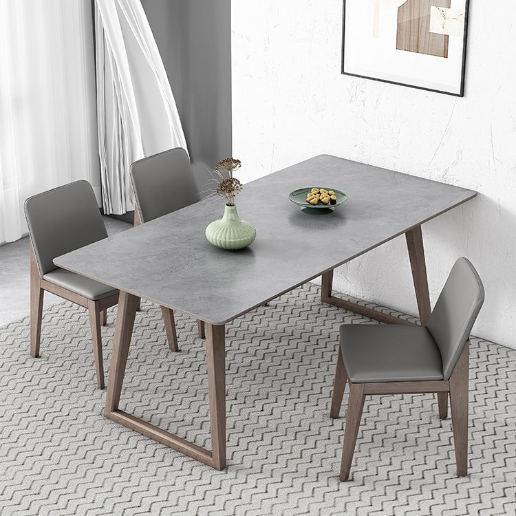 Mid-Century Modern Dining Table Gray Sintered Stone Dining Table with Wood Base
