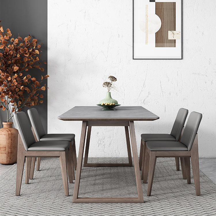 Mid-Century Modern Dining Table Gray Sintered Stone Dining Table with Wood Base