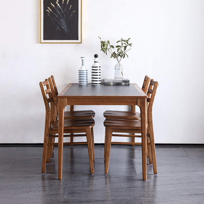 Sintered Stone Top Dining Table in Black Rectangle Table with Wooden Base and 4 Legs