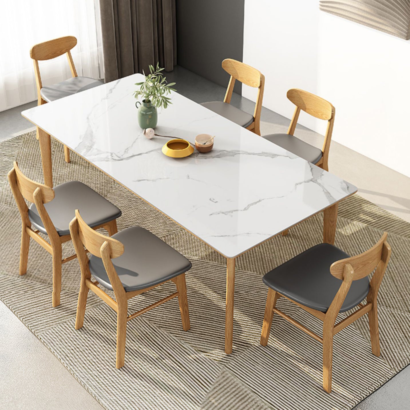 Midcentury Rectangle Dining Table Sintered Stone Table with 4 Legs Wood Base
