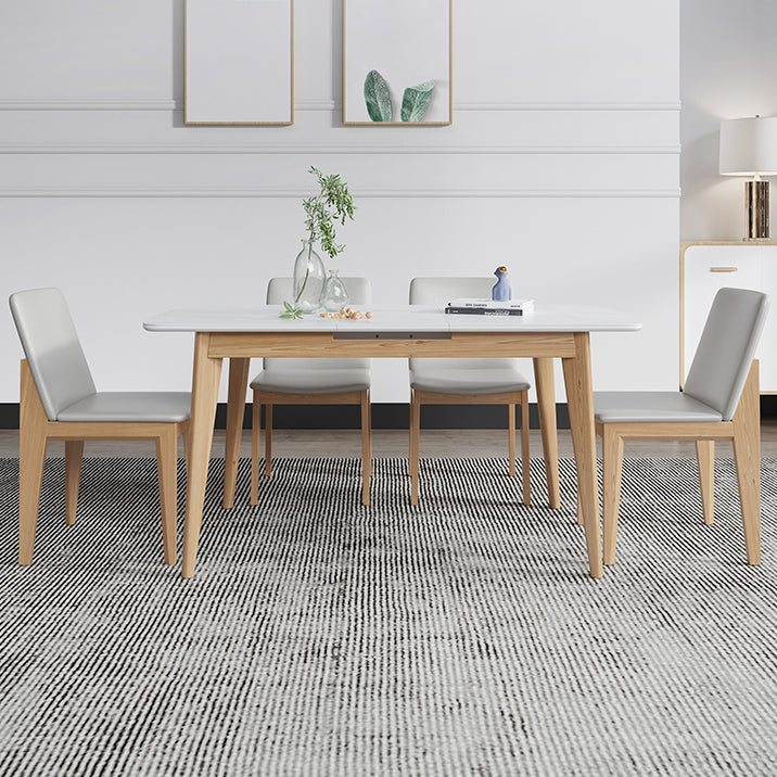 Sintered Stone Top Extendable Table in White Kitchen Table with Ash Wood Base and 4 Legs