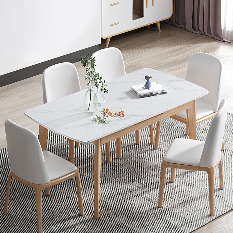 Sintered Stone Top Extendable Table in White Kitchen Table with Ash Wood Base and 4 Legs