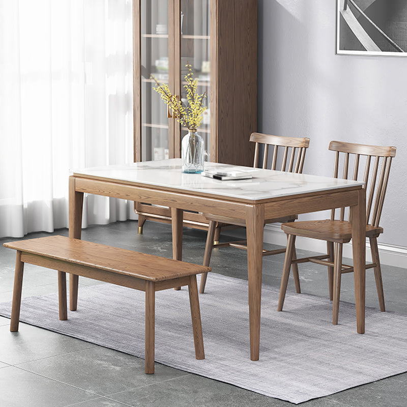 Mesa de comedor rectangular moderna de mediados de siglo, mesa de piedra sinterizada con base de madera de 4 patas