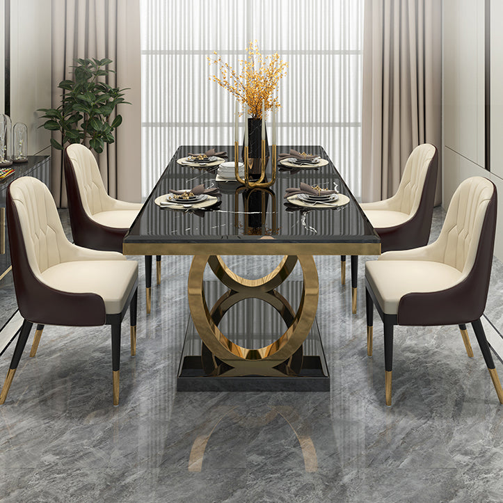 Rechteck traditioneller Luxus Esstisch Sintered Steintisch mit goldener Trestle Basis
