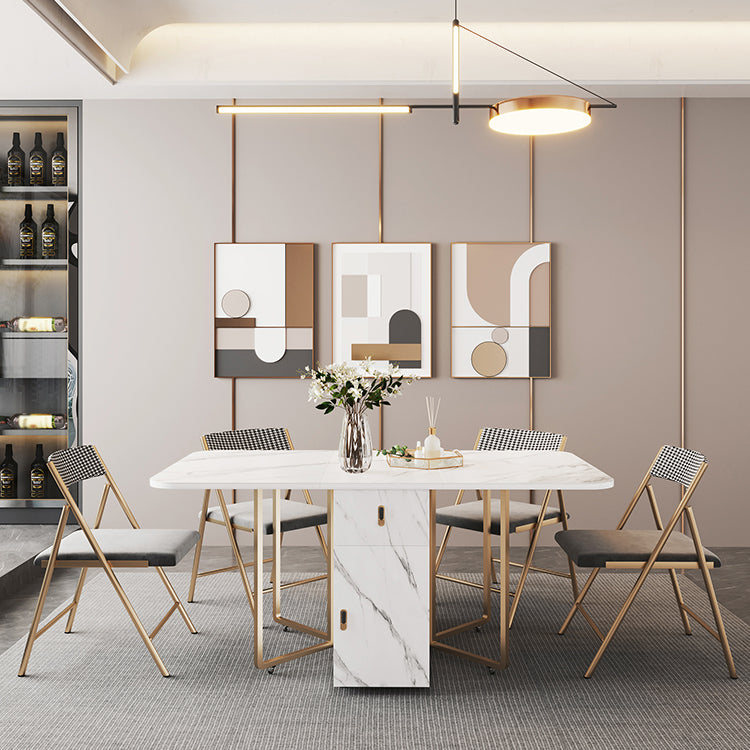 Contemporary Rectangle Dining Table Sintered Stone Drop-Leaf Table with Metal Base for Dining Room