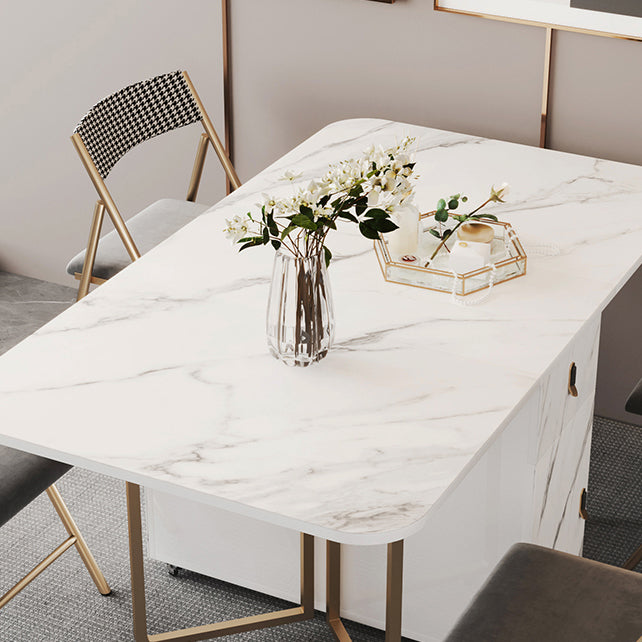 Contemporary Rectangle Dining Table Sintered Stone Drop-Leaf Table with Metal Base for Dining Room