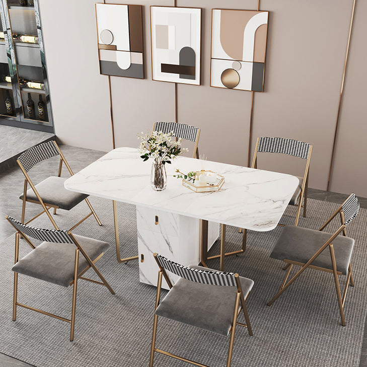 Contemporary Rectangle Dining Table Sintered Stone Drop-Leaf Table with Metal Base for Dining Room
