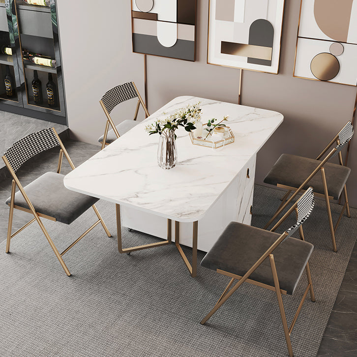 Contemporary Rectangle Dining Table Sintered Stone Drop-Leaf Table with Metal Base for Dining Room