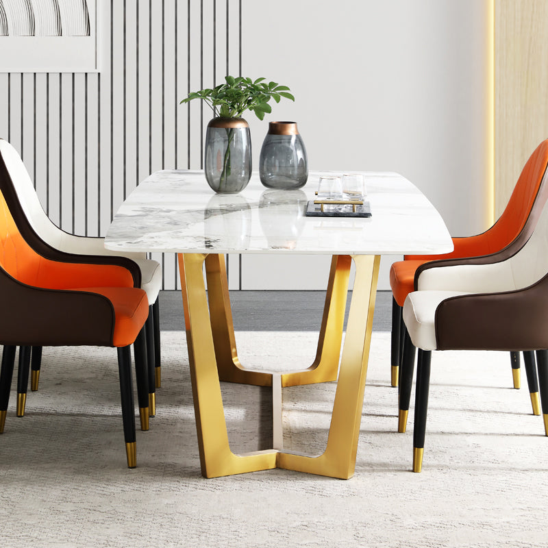 Rectangle Traditional Luxury Dining Table White Sintered Stone Table with Gold Trestle Base