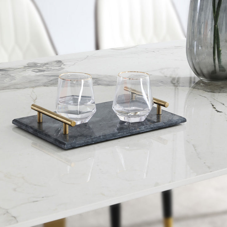 Rectangle Traditional Luxury Dining Table White Sintered Stone Table with Gold Trestle Base