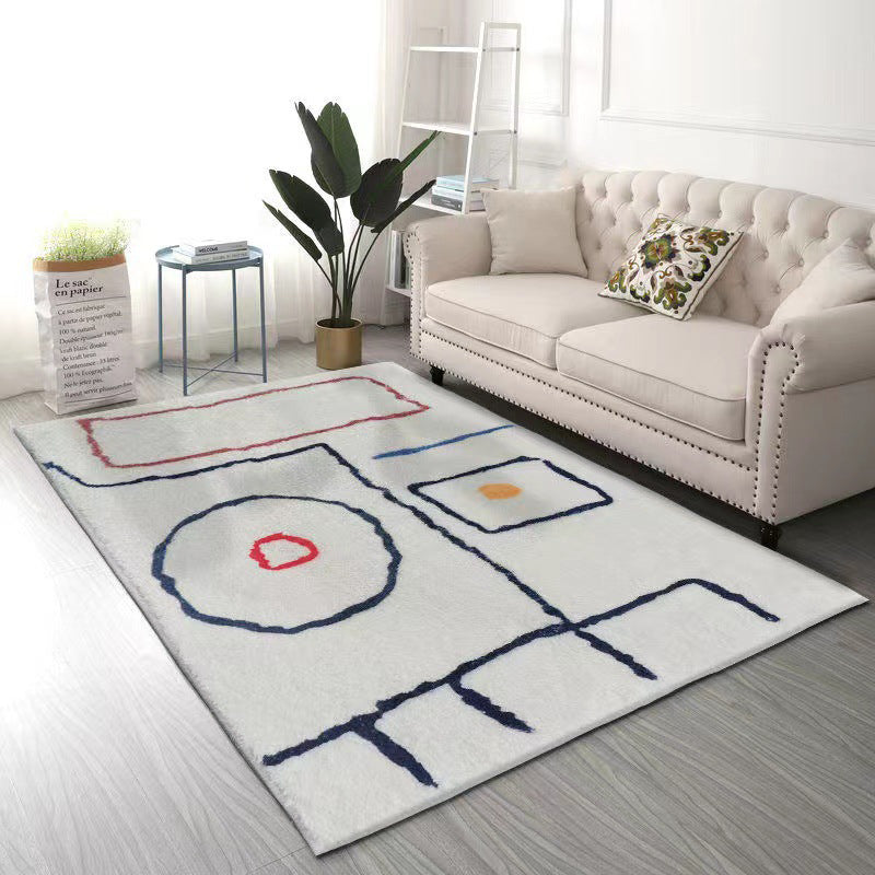 White Modern Rug Polyester Abstract Line Rug Non-Slip Backing Rug for Home Decor