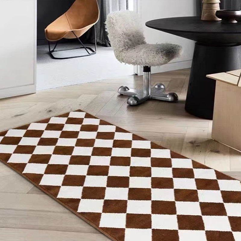 Dark Brown Grid Print Rug Polyester Simple Rug Non-Slip Backing Rug for Living Room