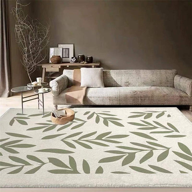 White Simple Rug Polyester Plants Rug Non-Slip Backing Rug for Drawing Room
