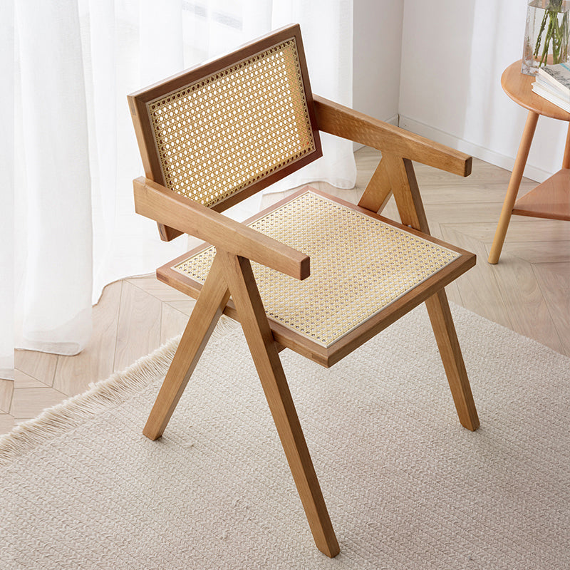 Chaise de salle à manger en bois traditionnelle, chaise de salle à manger à dossier en canne pour café avec accoudoirs