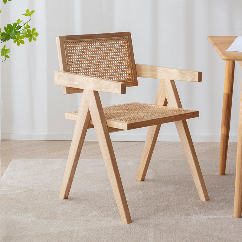Chaise de salle à manger en bois traditionnelle, chaise de salle à manger à dossier en canne pour café avec accoudoirs