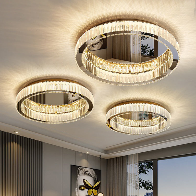 Plafonnier LED de luxe moderne, montage circulaire en acier inoxydable avec abat-jour en cristal