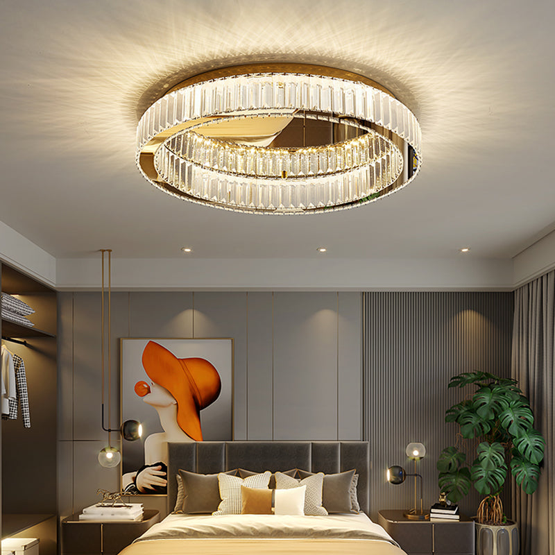 Plafonnier LED de luxe moderne, montage circulaire en acier inoxydable avec abat-jour en cristal