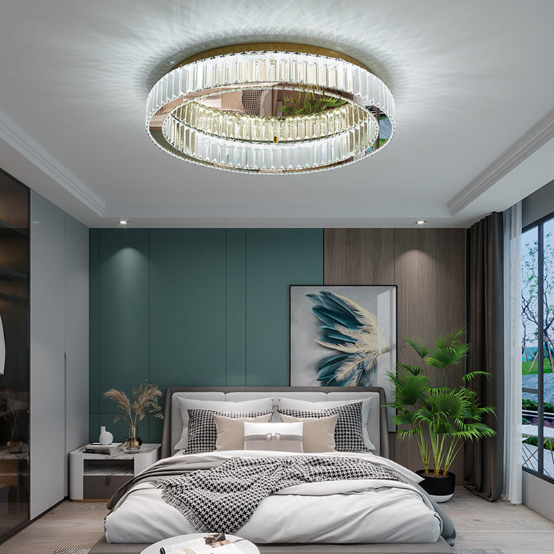 Plafonnier LED de luxe moderne, montage circulaire en acier inoxydable avec abat-jour en cristal