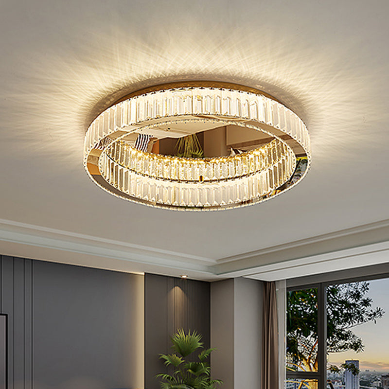 Plafonnier LED de luxe moderne, montage circulaire en acier inoxydable avec abat-jour en cristal