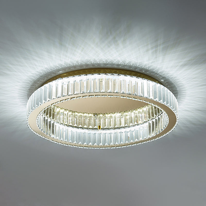Plafonnier LED de luxe moderne, montage circulaire en acier inoxydable avec abat-jour en cristal